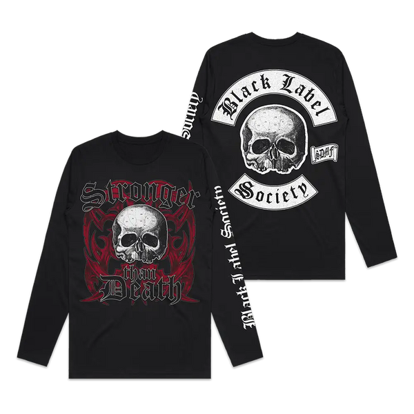 Two black death colors longsleeve tees with skull designs and printed text