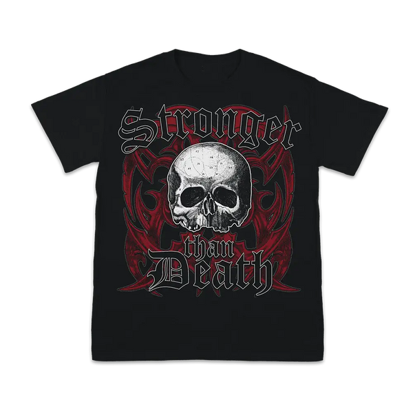 Black Stronger Than Death Colors Tee featuring a skull design and gothic text