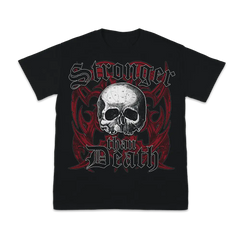 Black Stronger Than Death Colors Tee featuring a skull design and gothic text