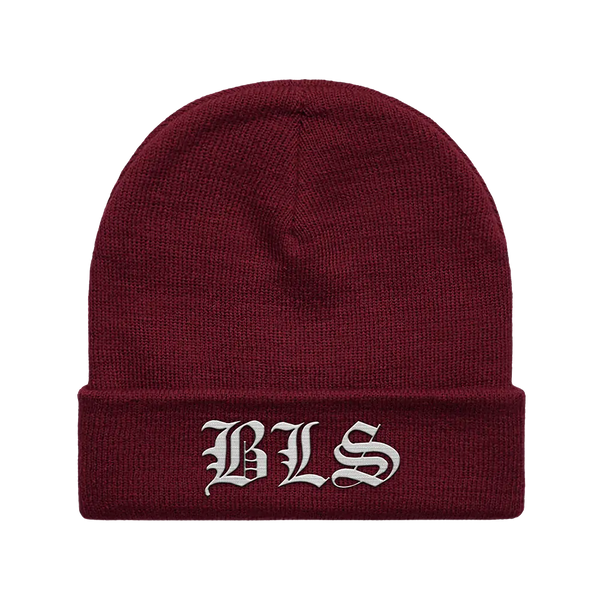 Burgundy knit beanie with BLS embroidered, perfect for a stylish death maroon outfit