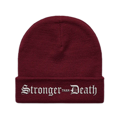 Burgundy knit beanie featuring Stronger than Death on the folded brim, death maroon beanie