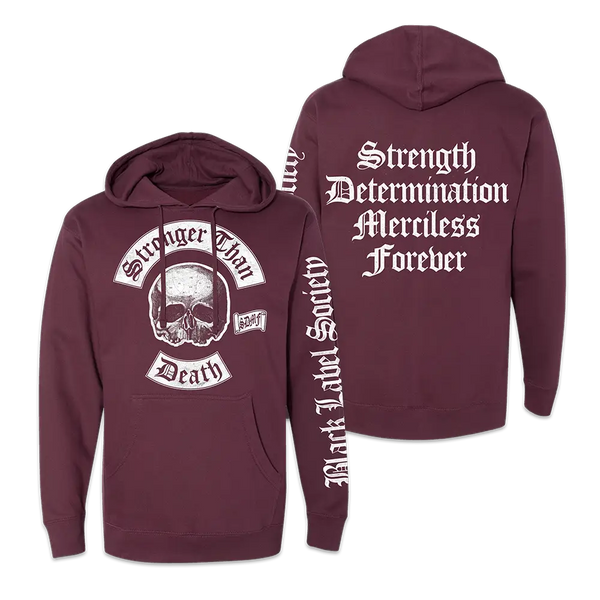 Maroon hoodie sweatshirt featuring skull graphic and text designs, Death SDMF Maroon