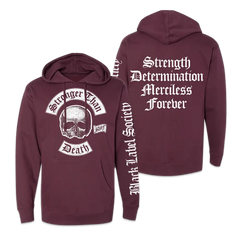 Maroon hoodie sweatshirt featuring skull graphic and text designs, Death SDMF Maroon