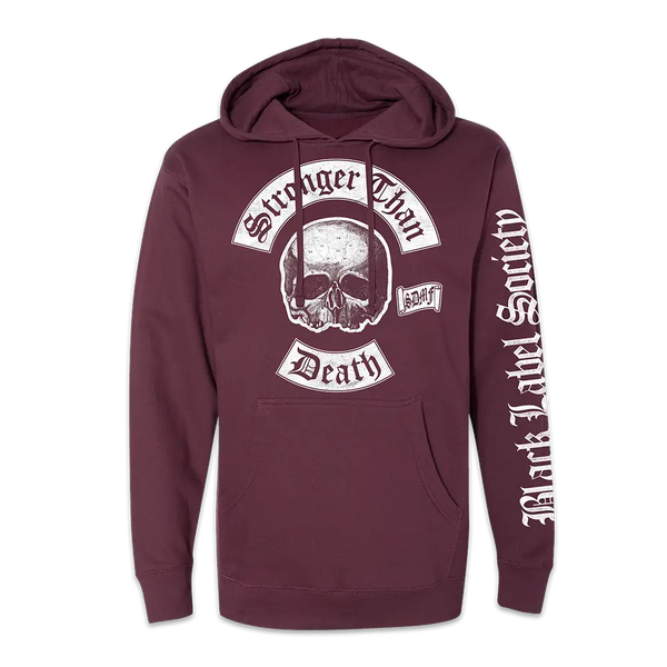 Maroon hoodie with skull design and text graphics, featuring Death SDMF style