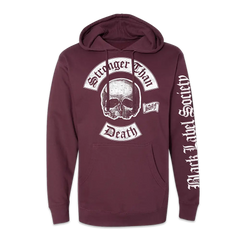 Maroon hoodie with skull design and text graphics, featuring Death SDMF style