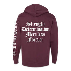 Maroon SDMF hoodie featuring Gothic-style text on back and sleeve, Stronger Than Death design