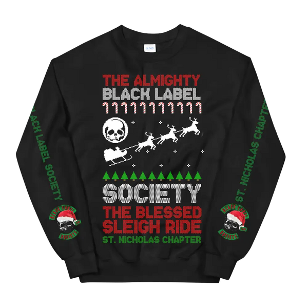 Black crewneck sweatshirt featuring festive Blessed Sleigh Ride text and graphics