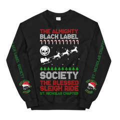 Black crewneck sweatshirt featuring festive Blessed Sleigh Ride text and graphics