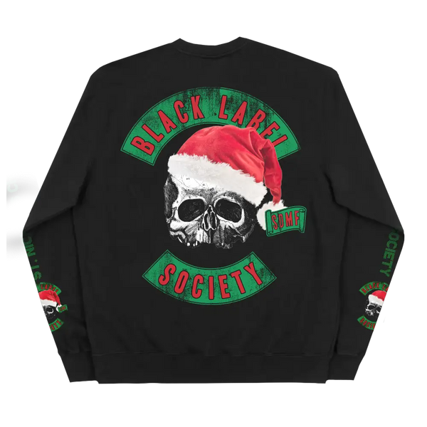 Black crewneck sweatshirt featuring a skull in a Santa hat with Blessed Sleigh Ride design