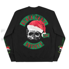 Black crewneck sweatshirt featuring a skull in a Santa hat with Blessed Sleigh Ride design