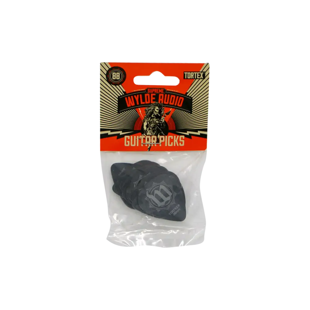 Guitar pick in clear package featuring Wylde Audio branding for Tortex Guitar Pick Sets