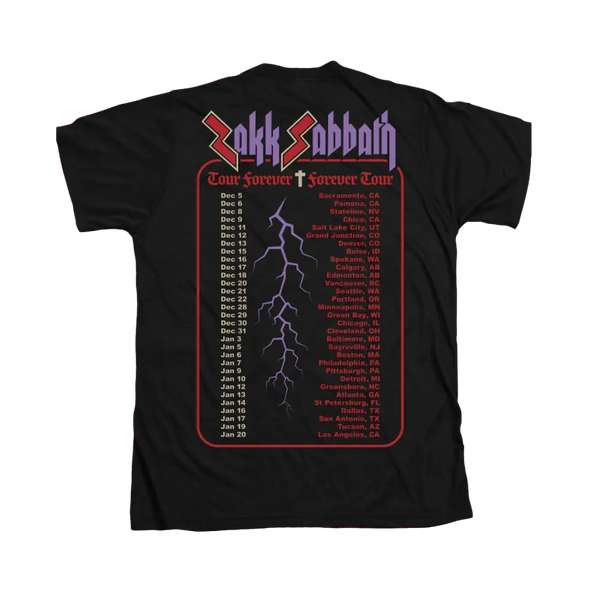 Black Zakk Sabbath Tour Forever Date Tee with lightning bolt design and tour dates