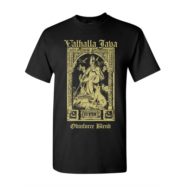 Black t-shirt with yellow Norse design of Odin, Valhalla Java Odinforce Blend