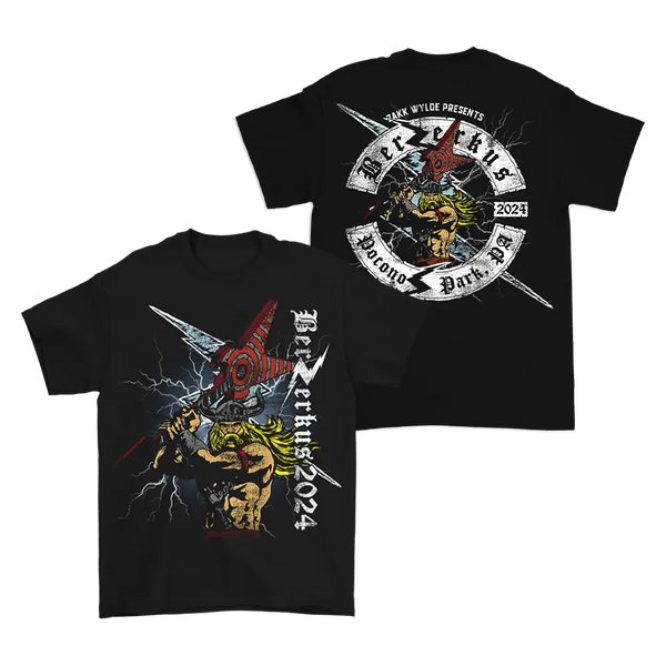 Black Viking T-Shirt with rock-style graphic designs on front and back