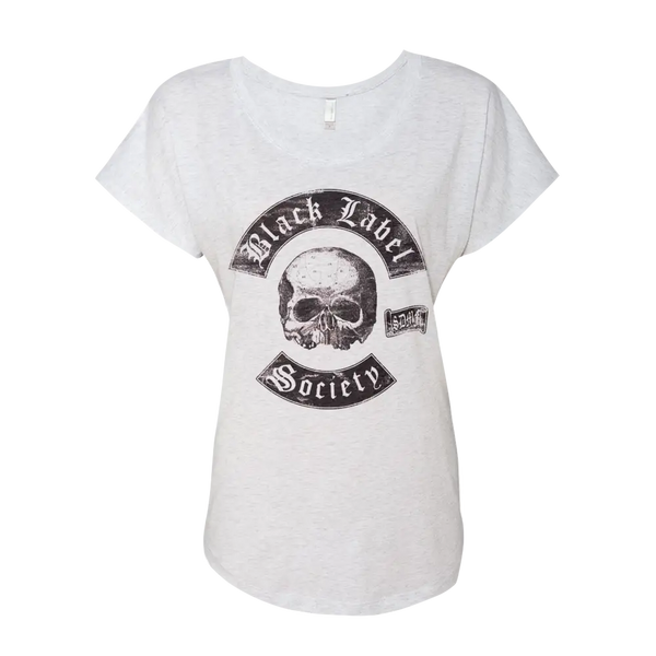 White women’s slouch tee featuring a skull logo and Black Label Society text