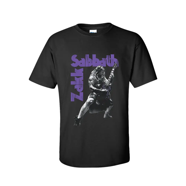 Black Sabbath design black t-shirt for Zakk Sabbath with purple text and guitarist image