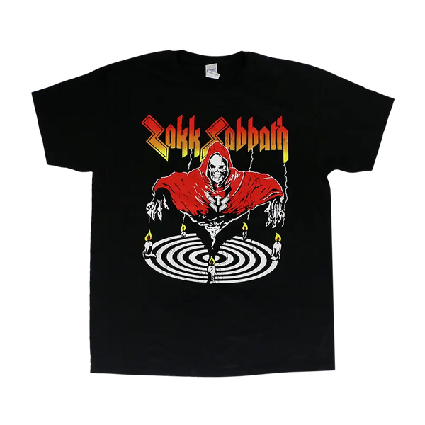 Black Zakk Sabbath Reaper Tee with skeletal figure in red cloak design