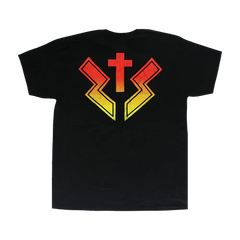 Black Zakk Sabbath Reaper Tee featuring red and yellow lightning bolt design on back