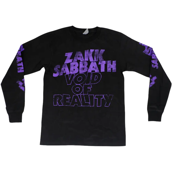 Black long sleeve tee featuring Zakk Sabbath Void of Reality purple text design