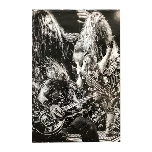 Heavy metal musicians with long hair and electric guitars in Zakk Wylde Blk/Wht Poster