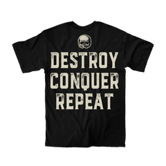 Black Zakk Wylde Icon Collage Tee featuring skull graphic and DESTROY CONQUER REPEAT text