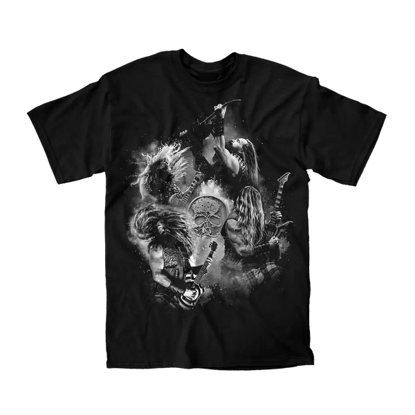 Black Zakk Wylde Icon Collage Tee features wolf faces and a dreamcatcher graphic design