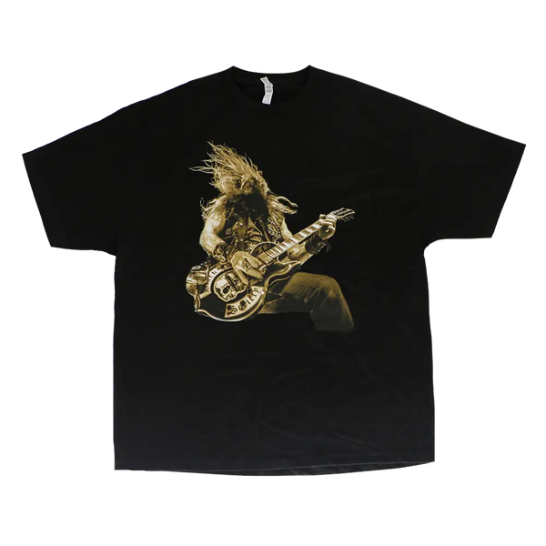 Black tee featuring a guitarist with long hair, inspired by Zakk Wylde’s electric guitar style