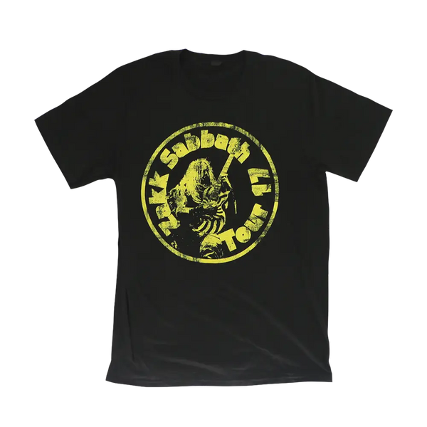 Black t-shirt featuring Zakk Wylde yellow circle logo design for Black Sabbath fans