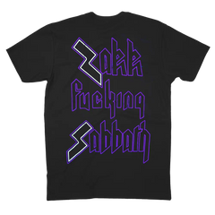 Black ZSB Vertigo T-shirt featuring stylish purple text Zakk fucking Sabbath design