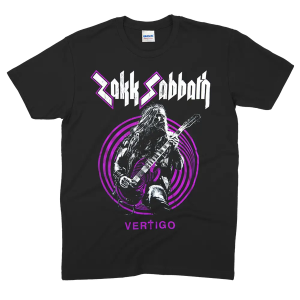 Black ZSB Vertigo T-shirt with Zakk Sabbath Vertigo design in purple graphics