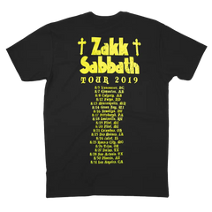 Black t-shirt featuring yellow circle logo with Zakk Sabbath Tour 2019 dates