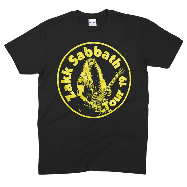 Black t-shirt with yellow circle logo featuring Sabbath text and guitar figure design