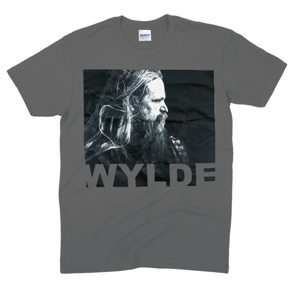 Gray icon tee with black and white portrait of a bearded man and WYLDE text below