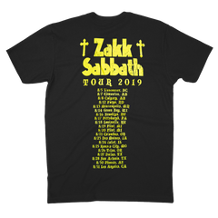 Black t-shirt featuring yellow circle logo with Zakk Sabbath Tour 2019 dates