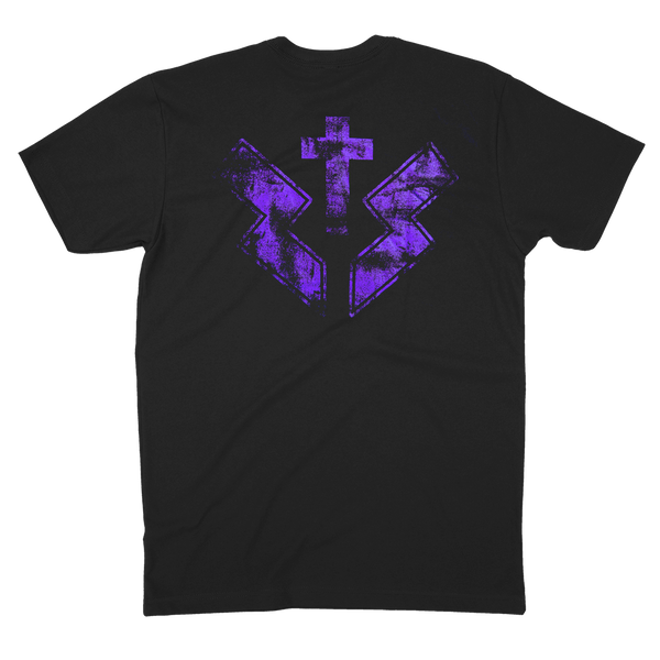 Black ZSB Purple Vol 4 T-shirt with a purple geometric cross design on the back