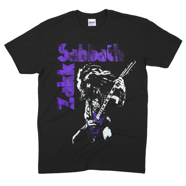 Black t-shirt with purple Black Sabbath logo and guitarist, ZSB Purple Vol 4 T design