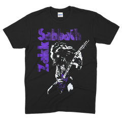 Black t-shirt with purple Black Sabbath logo and guitarist, ZSB Purple Vol 4 T design