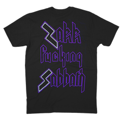 Black ZSB Vertigo T-shirt featuring stylish purple text Zakk fucking Sabbath design