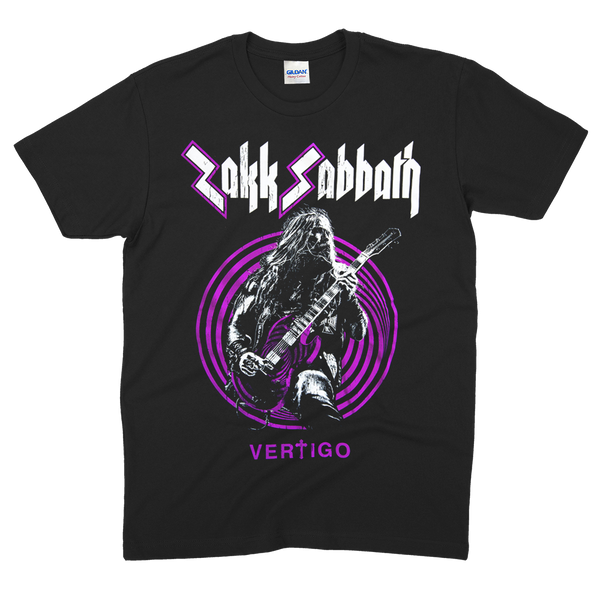 Black ZSB Vertigo T-shirt with Zakk Sabbath Vertigo design in purple graphics