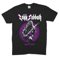 Black ZSB Vertigo T-shirt with Zakk Sabbath Vertigo design in purple graphics