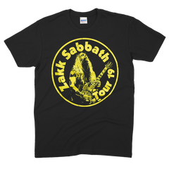 Black t-shirt with yellow circle logo featuring Sabbath text and guitar figure design